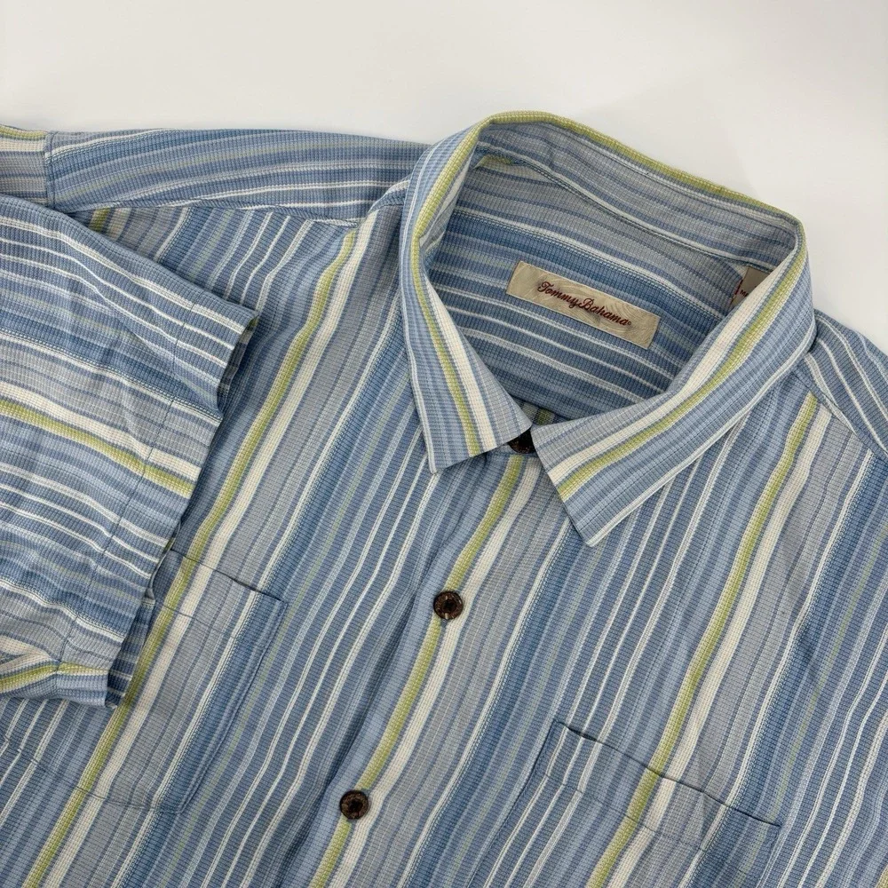 Tommy Bahama Shirt Mens XLarge Blue Yellow Striped 100% Silk Button Up Casual - Picture 1 of 12